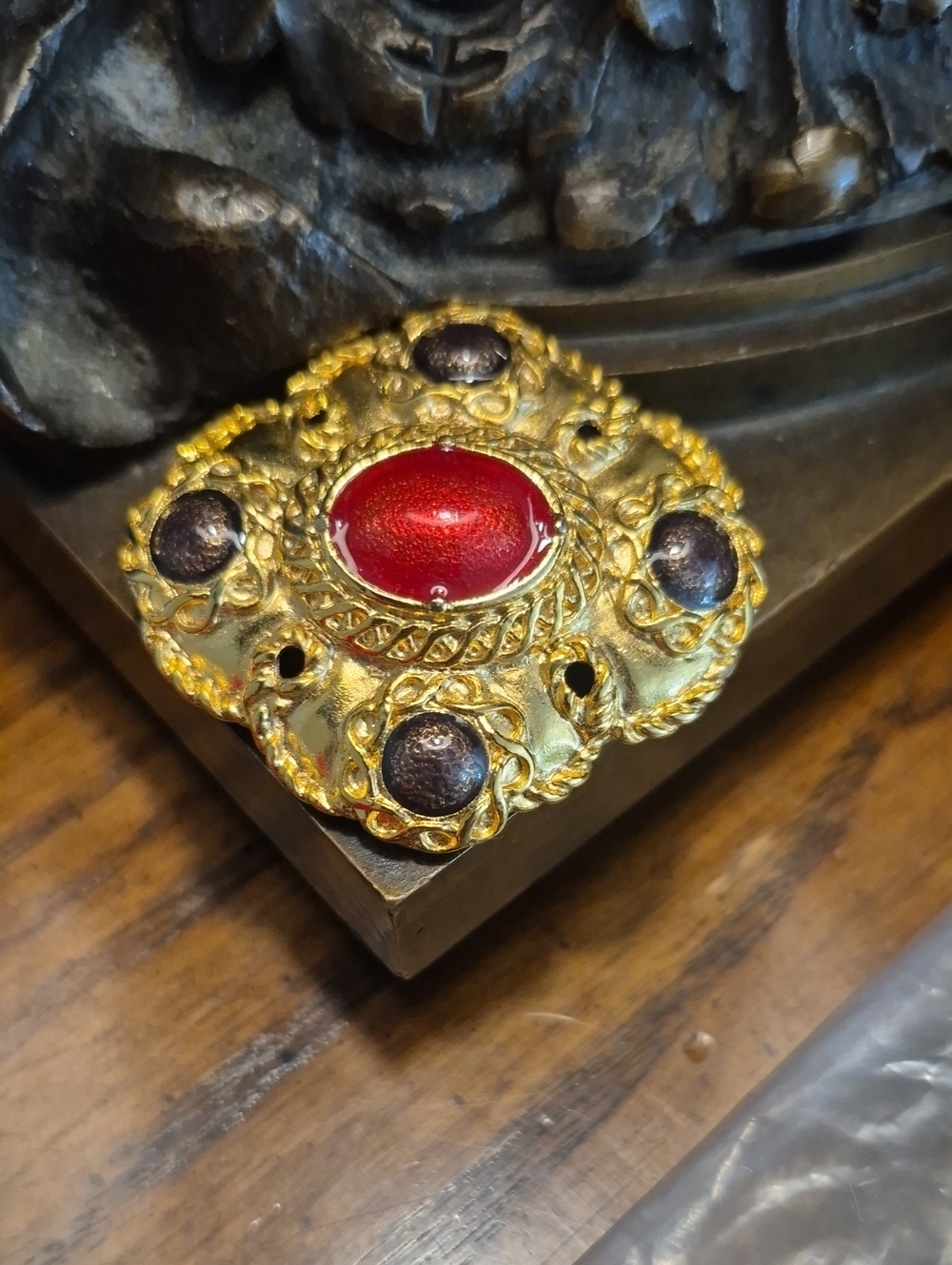Vintage Gold Toned Filigree Brooch With Red And Brown Enamel